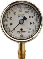 Ashcroft - 2-1/2" Dial, 1/4 Thread, 0-160 Scale Range, Pressure Gauge - Lower Connection Mount, Accurate to 1% of Scale - Exact Industrial Supply