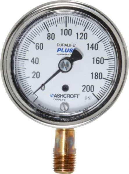 Ashcroft - 2-1/2" Dial, 1/4 Thread, 0-200 Scale Range, Pressure Gauge - Lower Connection Mount, Accurate to 1% of Scale - Exact Industrial Supply