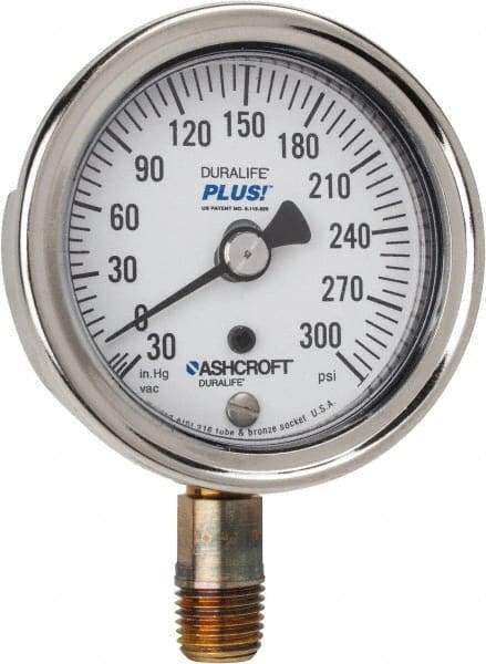 Ashcroft - 2-1/2" Dial, 1/4 Thread, 30-0-300 Scale Range, Pressure Gauge - Lower Connection Mount, Accurate to 1% of Scale - Exact Industrial Supply