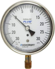 Ashcroft - 3-1/2" Dial, 1/4 Thread, 30-0-30 Scale Range, Pressure Gauge - Lower Connection Mount, Accurate to 1% of Scale - Exact Industrial Supply