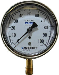 Ashcroft - 3-1/2" Dial, 1/4 Thread, 0-100 Scale Range, Pressure Gauge - Lower Connection Mount, Accurate to 1% of Scale - Exact Industrial Supply