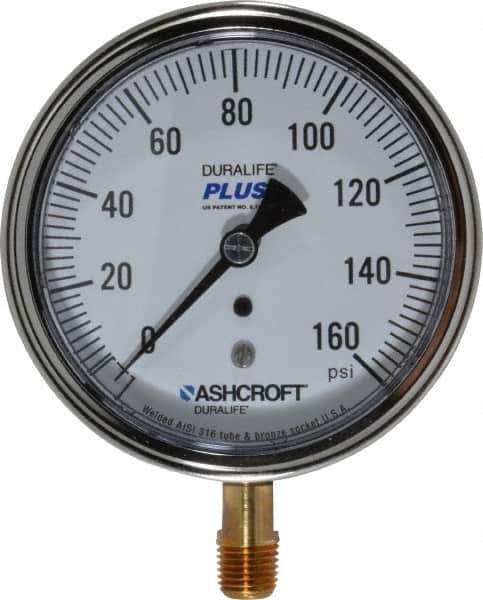 Ashcroft - 3-1/2" Dial, 1/4 Thread, 0-160 Scale Range, Pressure Gauge - Lower Connection Mount, Accurate to 1% of Scale - Exact Industrial Supply