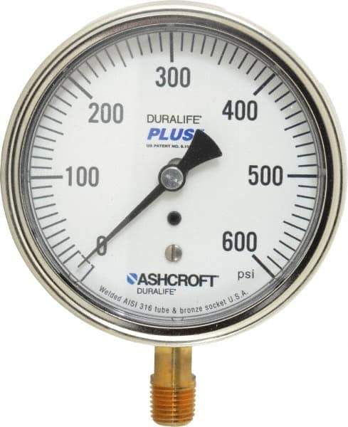 Ashcroft - 3-1/2" Dial, 1/4 Thread, 0-600 Scale Range, Pressure Gauge - Lower Connection Mount, Accurate to 1% of Scale - Exact Industrial Supply