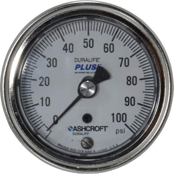 Ashcroft - 2-1/2" Dial, 1/4 Thread, 0-100 Scale Range, Pressure Gauge - Center Back Connection Mount, Accurate to 1% of Scale - Exact Industrial Supply