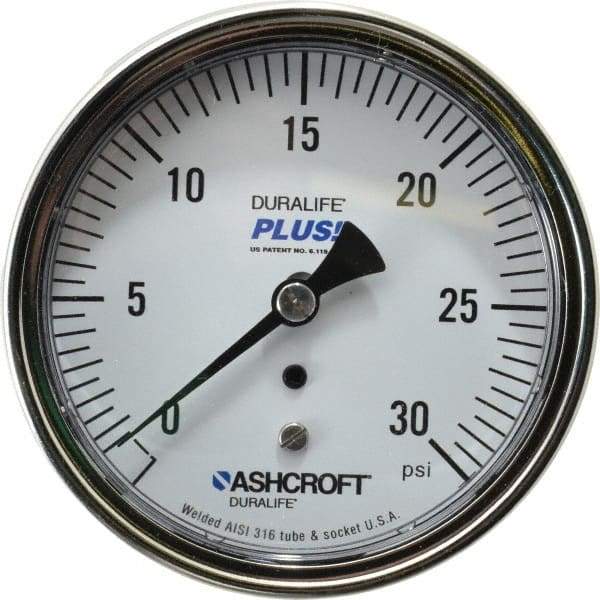 Ashcroft - 3-1/2" Dial, 1/4 Thread, 0-30 Scale Range, Pressure Gauge - Center Back Connection Mount, Accurate to 1% of Scale - Exact Industrial Supply
