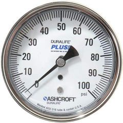 Ashcroft - 3-1/2" Dial, 1/4 Thread, 0-100 Scale Range, Pressure Gauge - Center Back Connection Mount, Accurate to 1% of Scale - Exact Industrial Supply