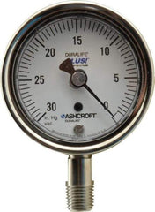Ashcroft - 2-1/2" Dial, 1/4 Thread, 30-0 Scale Range, Pressure Gauge - Lower Connection Mount, Accurate to 1% of Scale - Exact Industrial Supply