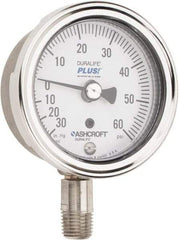 Ashcroft - 2-1/2" Dial, 1/4 Thread, 30-0-60 Scale Range, Pressure Gauge - Lower Connection Mount, Accurate to 1% of Scale - Exact Industrial Supply