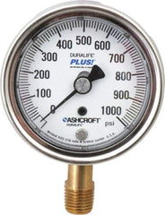 Ashcroft - 2-1/2" Dial, 1/4 Thread, 0-1,000 Scale Range, Pressure Gauge - Lower Connection Mount, Accurate to 1% of Scale - Exact Industrial Supply