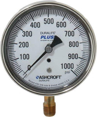 Ashcroft - 3-1/2" Dial, 1/4 Thread, 0-1,000 Scale Range, Pressure Gauge - Lower Connection Mount, Accurate to 1% of Scale - Exact Industrial Supply