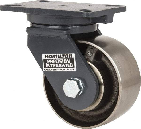 Hamilton - 6" Diam x 3" Wide x 8" OAH Top Plate Mount Swivel Caster - Forged Steel, 3,500 Lb Capacity, Roller Bearing, 5-1/4 x 7-1/4" Plate - Exact Industrial Supply