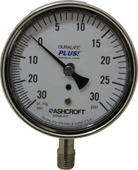 Ashcroft - 3-1/2" Dial, 1/4 Thread, 30-0-30 Scale Range, Pressure Gauge - Lower Connection Mount, Accurate to 1% of Scale - Exact Industrial Supply