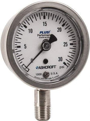 Ashcroft - 2-1/2" Dial, 1/4 Thread, 0-30 Scale Range, Pressure Gauge - Lower Connection Mount, Accurate to 3-2-3% of Scale - Exact Industrial Supply