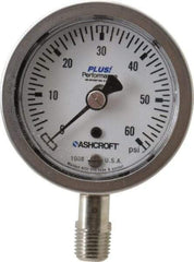 Ashcroft - 2-1/2" Dial, 1/4 Thread, 0-60 Scale Range, Pressure Gauge - Lower Connection Mount, Accurate to 3-2-3% of Scale - Exact Industrial Supply