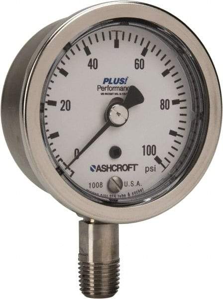 Ashcroft - 2-1/2" Dial, 1/4 Thread, 0-100 Scale Range, Pressure Gauge - Lower Connection Mount, Accurate to 3-2-3% of Scale - Exact Industrial Supply