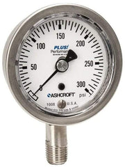 Ashcroft - 2-1/2" Dial, 1/4 Thread, 0-300 Scale Range, Pressure Gauge - Lower Connection Mount, Accurate to 3-2-3% of Scale - Exact Industrial Supply