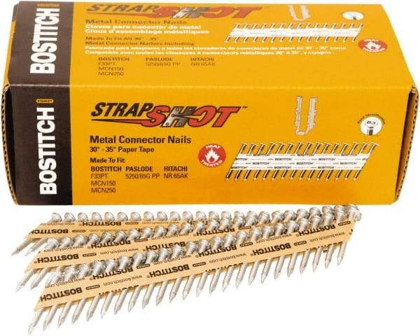 Stanley Bostitch - 16 Gauge 0.0598" Shank Diam 1-1/2" Long Metal Connecting Nails for Power Nailers - Steel, Bright Finish, Smooth Shank, Angled Stick Paper Tape Collation, Round Head - Exact Industrial Supply