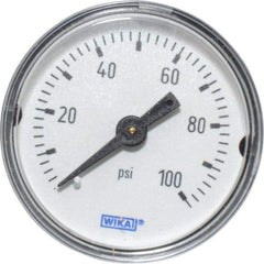 Wika - 1-1/2" Dial, 1/8 Thread, 0-100 Scale Range, Pressure Gauge - Center Back Connection Mount, Accurate to 3-2-3% of Scale - Exact Industrial Supply