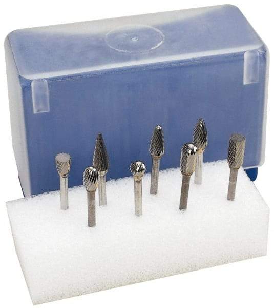 M.A. Ford - 8 Piece, 1/4" Shank Burr Set - Tungsten Carbide, Multiple Head Shape - Exact Industrial Supply