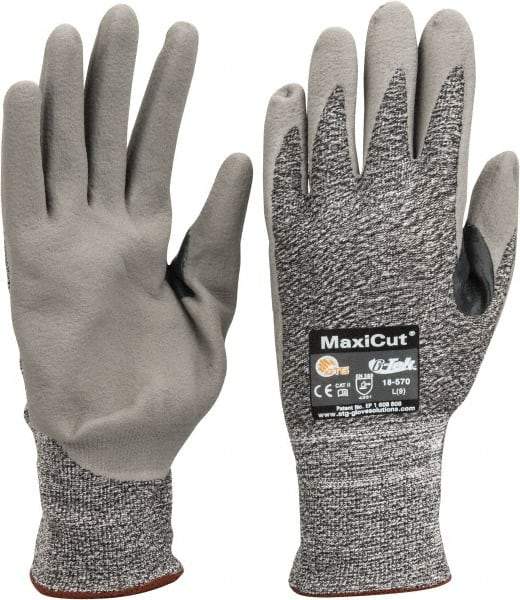 ATG - Size L (9), ANSI Cut Lvl A2, Abrasion Lvl 4, Nitrile Coated Cut Resistant Gloves - Palm & Fingers Coated, Nylon with Glass/Polyester/Lycra Lining, Knit Wrist, Gray/Green, Paired - Exact Industrial Supply