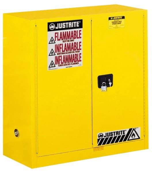 Justrite - 2 Door, 1 Shelf, Yellow Steel Standard Safety Cabinet for Flammable and Combustible Liquids - 44" High x 43" Wide x 18" Deep, Manual Closing Door, 3 Point Key Lock, 30 Gal Capacity - Exact Industrial Supply