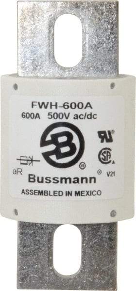 Cooper Bussmann - 500 VAC/VDC, 600 Amp, Fast-Acting Semiconductor/High Speed Fuse - Bolt-on Mount, 4-15/32" OAL, 200 (RMS Symmetrical), 50 at DC kA Rating, 2" Diam - Exact Industrial Supply