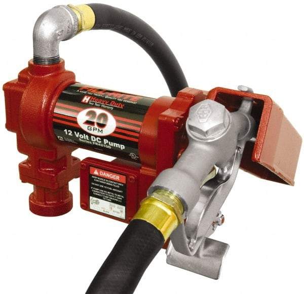 Tuthill - 20 GPM, 1" Hose Diam, DC High Flow Tank Pump with Manual Nozzle - 1" Inlet, 1" Outlet, 12 Volts, 12' Hose Length, 1/4 hp - Exact Industrial Supply