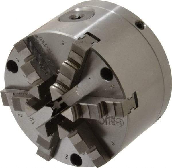 Buck Chuck Company - 6 Jaws, 4" Diam, Self Centering Manual Lathe Chuck - Front Mount, Adjustable, 4,725 Max RPM, 1.04" Through Hole Diam, Forged Steel - Exact Industrial Supply