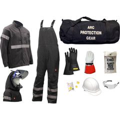 Size 4X-Large, 9.2 Arc Flashing Clothing Kit Includes Premium Gore Pyrad Jacket and Bib, Hood, Face Shield, Bracket, Hard Cap, Ear Plugs, Safety Glasses, Rubber Gloves, Leather Glove Protectors & Glove Bag and Arc Gear Bag