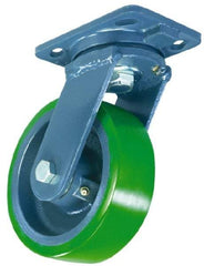 Hamilton - 8" Diam x 2" Wide x 9-1/2" OAH Top Plate Mount Swivel Caster with Brake - Polyurethane, 1,200 Lb Capacity, Precision Sealed Bearing, 4 x 5" Plate - Exact Industrial Supply