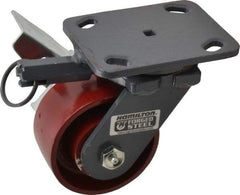Hamilton - 4" Diam x 2" Wide x 5-5/8" OAH Top Plate Mount Swivel Caster with Brake - Cast Iron, 1,000 Lb Capacity, Roller Bearing, 4 x 5" Plate - Exact Industrial Supply