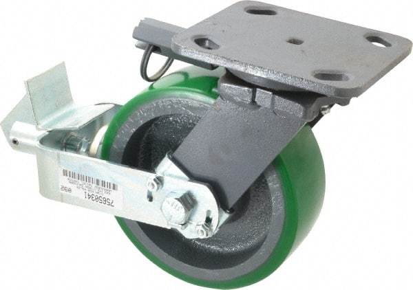Hamilton - 6" Diam x 2" Wide x 7-1/2" OAH Top Plate Mount Swivel Caster with Brake - Polyurethane, 1,200 Lb Capacity, Precision Sealed Bearing, 4 x 5" Plate - Exact Industrial Supply