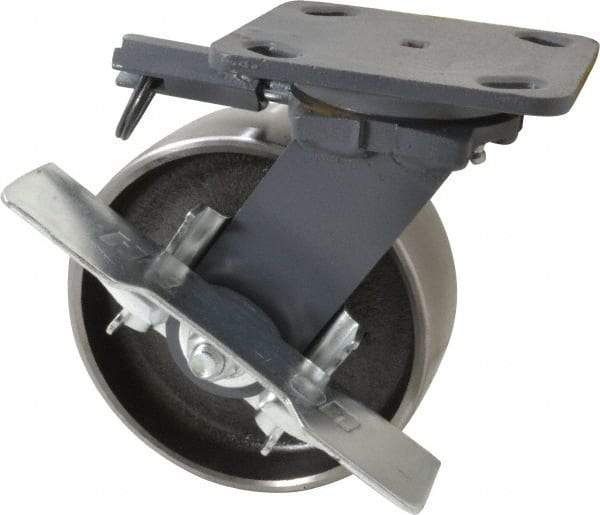 Hamilton - 6" Diam x 2" Wide x 7-1/2" OAH Top Plate Mount Swivel Caster with Brake - Forged Steel, 2,000 Lb Capacity, Roller Bearing, 4 x 5" Plate - Exact Industrial Supply