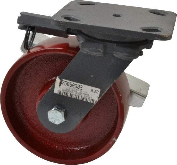 Hamilton - 6" Diam x 2" Wide x 7-1/2" OAH Top Plate Mount Swivel Caster with Brake - Cast Iron, 1,400 Lb Capacity, Roller Bearing, 4 x 5" Plate - Exact Industrial Supply