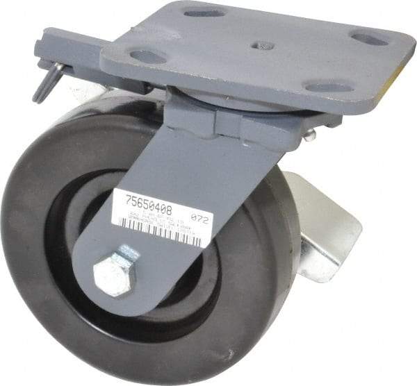 Hamilton - 6" Diam x 2" Wide x 7-1/2" OAH Top Plate Mount Swivel Caster with Brake - Phenolic, 1,200 Lb Capacity, Roller Bearing, 4 x 5" Plate - Exact Industrial Supply