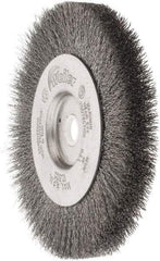 Weiler - 4" OD, 1/2" Arbor Hole, Crimped Steel Wheel Brush - 1/2" Face Width, 7/8" Trim Length, 0.006" Filament Diam, 12,500 RPM - Exact Industrial Supply