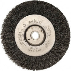 Weiler - 4" OD, 1/2" Arbor Hole, Crimped Steel Wheel Brush - 1/2" Face Width, 7/8" Trim Length, 0.008" Filament Diam, 12,500 RPM - Exact Industrial Supply