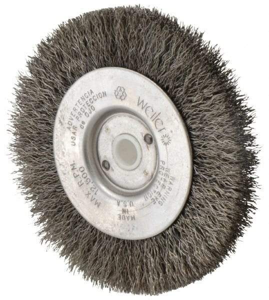 Weiler - 4" OD, 1/2" Arbor Hole, Crimped Steel Wheel Brush - 1/2" Face Width, 7/8" Trim Length, 0.0095" Filament Diam, 12,500 RPM - Exact Industrial Supply