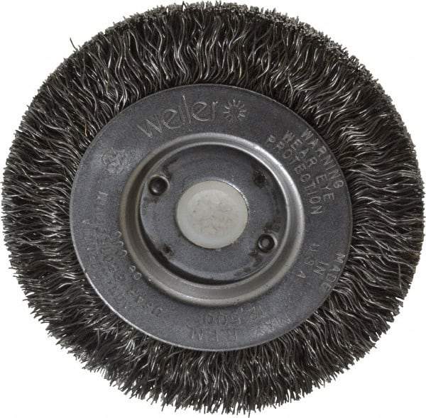 Weiler - 3" OD, 1/2" Arbor Hole, Crimped Steel Wheel Brush - 7/16" Face Width, 1/2" Trim Length, 0.0118" Filament Diam, 12,500 RPM - Exact Industrial Supply