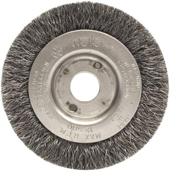 Weiler - 3" OD, 1/2" Arbor Hole, Crimped Steel Wheel Brush - 7/16" Face Width, 1/2" Trim Length, 0.014" Filament Diam, 12,500 RPM - Exact Industrial Supply