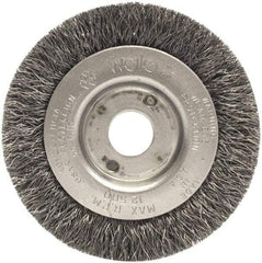 Weiler - 3" OD, 1/2" Arbor Hole, Crimped Steel Wheel Brush - 7/16" Face Width, 1/2" Trim Length, 0.014" Filament Diam, 12,500 RPM - Exact Industrial Supply
