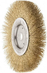 Weiler - 6" OD, 5/8" Arbor Hole, Crimped Brass Wheel Brush - 1/2" Face Width, 1-1/16" Trim Length, 0.0118" Filament Diam, 6,000 RPM - Exact Industrial Supply