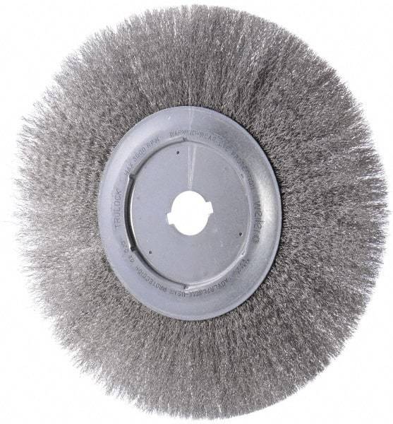 Weiler - 12" OD, 1-1/4" Arbor Hole, Crimped Stainless Steel Wheel Brush - 3/4" Face Width, 2-15/16" Trim Length, 0.0104" Filament Diam, 3,000 RPM - Exact Industrial Supply