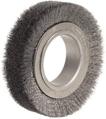 Weiler - 4-1/2" OD, 2" Arbor Hole, Crimped Steel Wheel Brush - 1-1/4" Face Width, 3/4" Trim Length, 0.014" Filament Diam, 6,000 RPM - Exact Industrial Supply