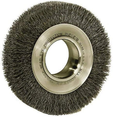 Weiler - 6" OD, 2" Arbor Hole, Crimped Steel Wheel Brush - 1-1/4" Face Width, 1-1/8" Trim Length, 0.006" Filament Diam, 6,000 RPM - Exact Industrial Supply
