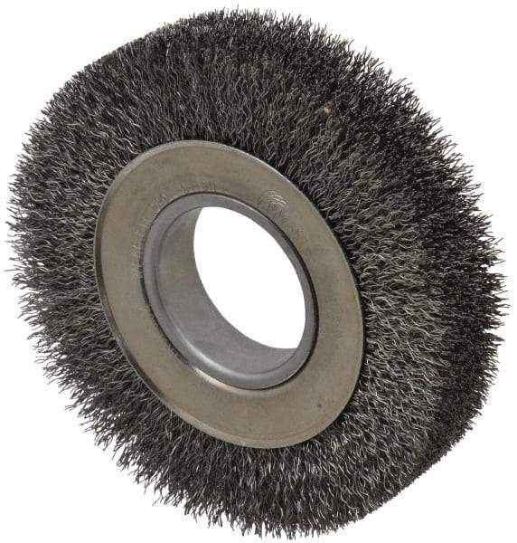 Weiler - 6" OD, 2" Arbor Hole, Crimped Steel Wheel Brush - 1-1/4" Face Width, 1-1/8" Trim Length, 0.014" Filament Diam, 6,000 RPM - Exact Industrial Supply