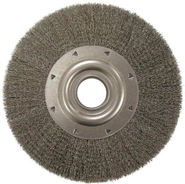 Weiler - 6" OD, 2" Arbor Hole, Crimped Stainless Steel Wheel Brush - 1-1/4" Face Width, 1-1/8" Trim Length, 0.006" Filament Diam, 6,000 RPM - Exact Industrial Supply