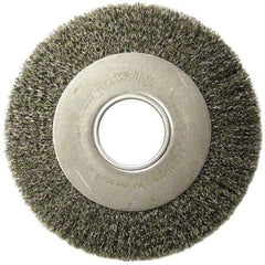 Weiler - 10" OD, 2" Arbor Hole, Crimped Steel Wheel Brush - 1-1/8" Face Width, 2" Trim Length, 0.02" Filament Diam, 3,600 RPM - Exact Industrial Supply