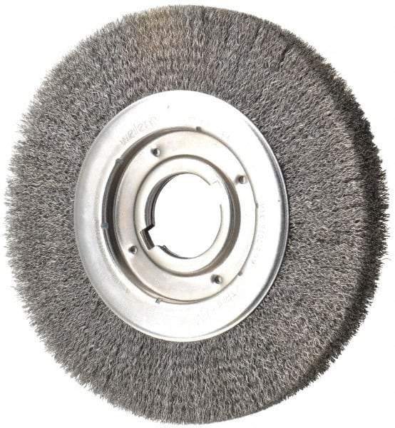 Weiler - 10" OD, 2" Arbor Hole, Crimped Steel Wheel Brush - 1-1/8" Face Width, 2" Trim Length, 0.0118" Filament Diam, 3,600 RPM - Exact Industrial Supply