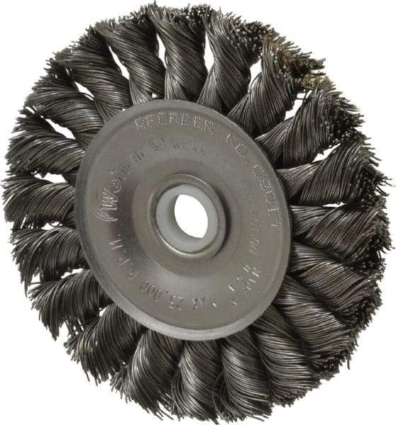 Weiler - 3" OD, 1/2" Arbor Hole, Knotted Steel Wheel Brush - 3/8" Face Width, 5/8" Trim Length, 0.014" Filament Diam, 25,000 RPM - Exact Industrial Supply